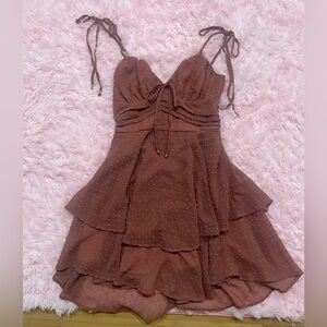 brown/pink nude dot dress with layered ruffles and tie up straps